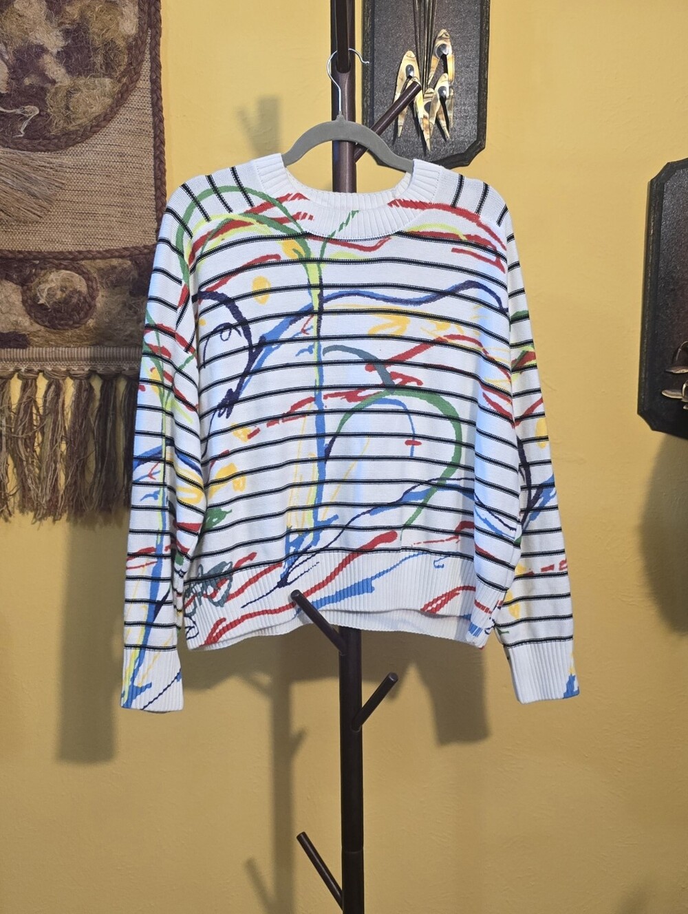 Desigual Artistic Striped Crewneck Sweater - White with Multicolor Accents Sz XL